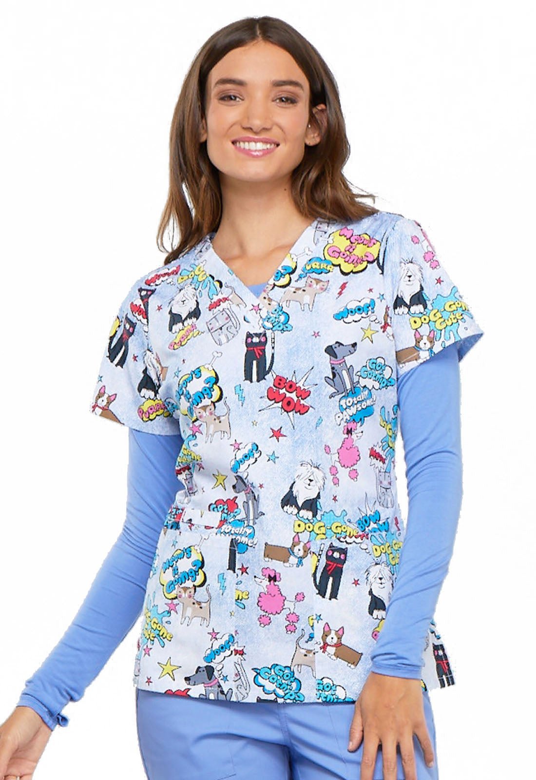 Cat & Dog Cherokee Print V Neck Scrub Top CK616 TYPW - Scrubs Select