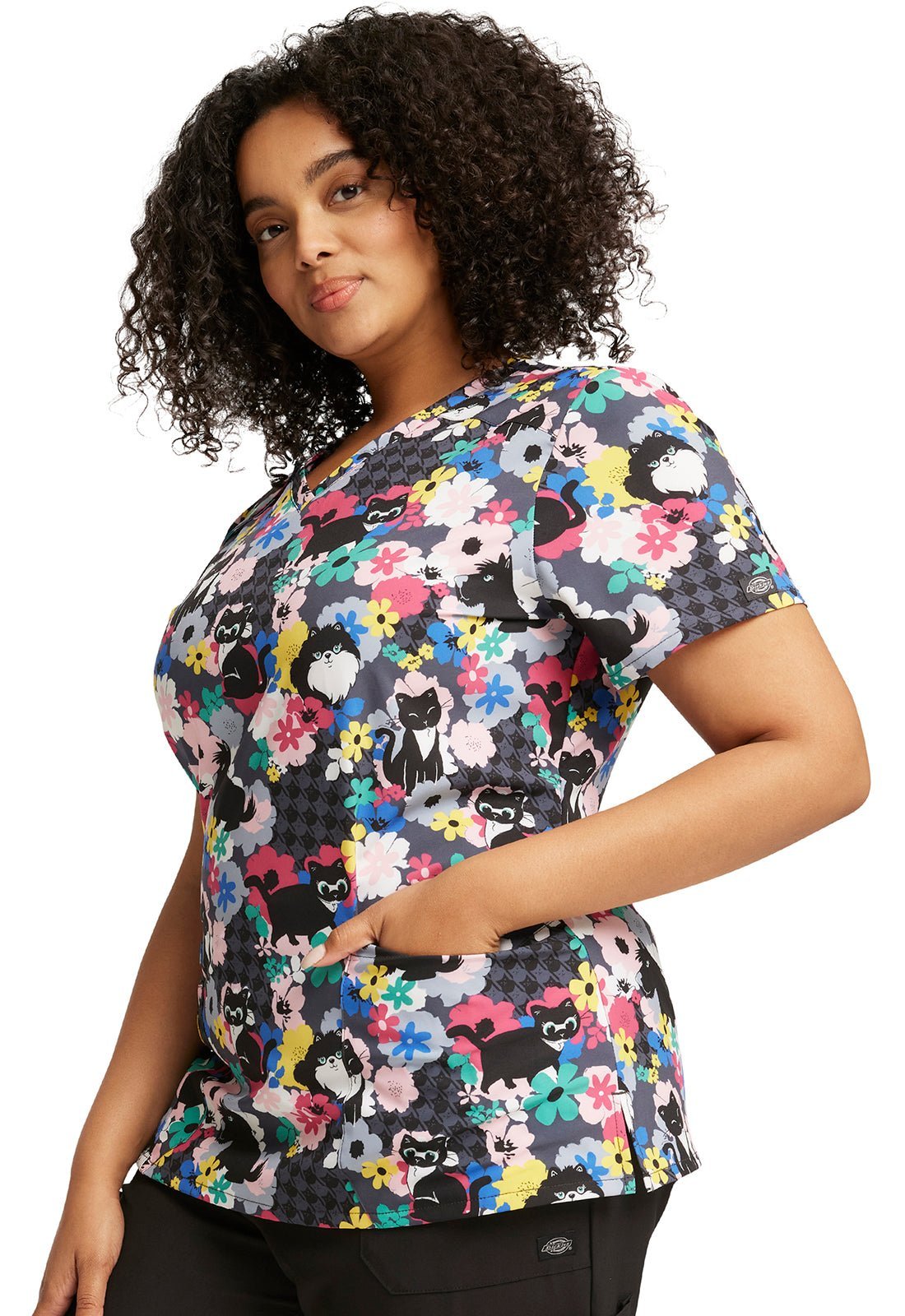 Cat Dog Floral Dickies Print V Neck Scrub Top DK616 FVFL - Scrubs Select