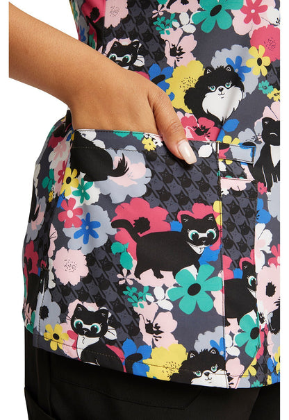 Cat Dog Floral Dickies Print V Neck Scrub Top DK616 FVFL - Scrubs Select