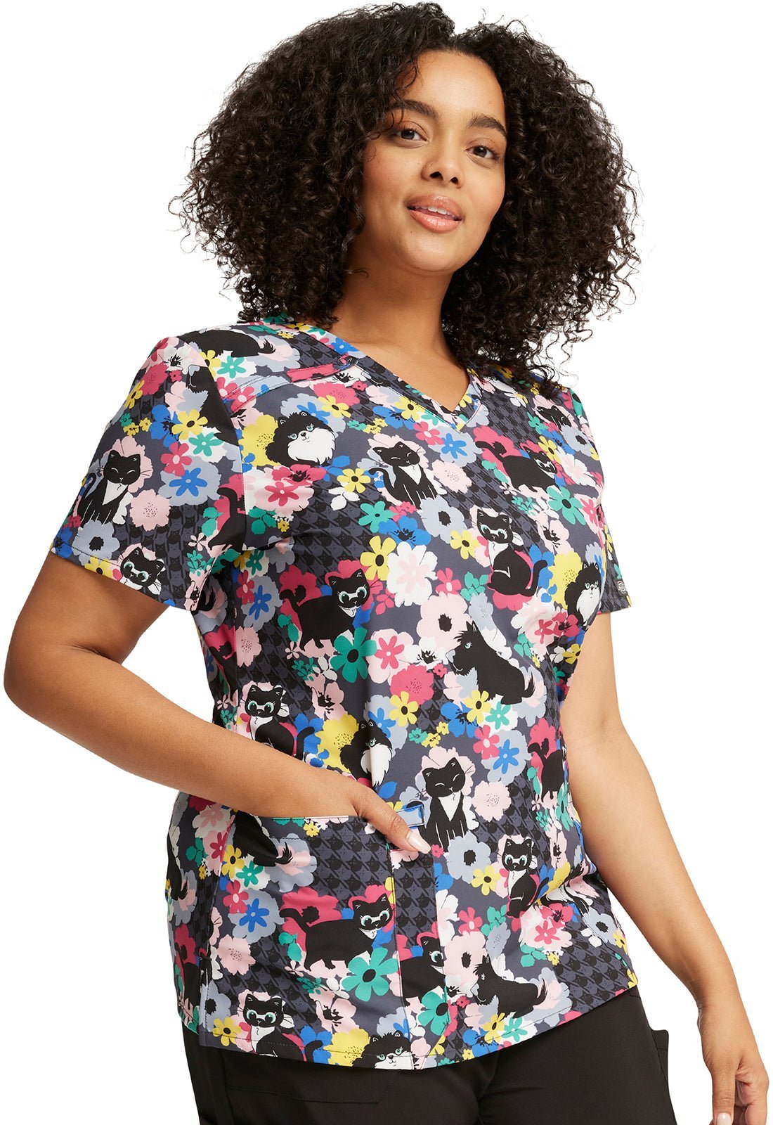 Cat Dog Floral Dickies Print V Neck Scrub Top DK616 FVFL - Scrubs Select