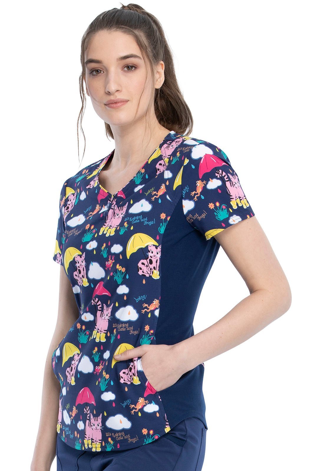 Cat & Frogs Cherokee iFlex Print V Neck Knit Panel Scrub Top CK732 RACF - Scrubs Select