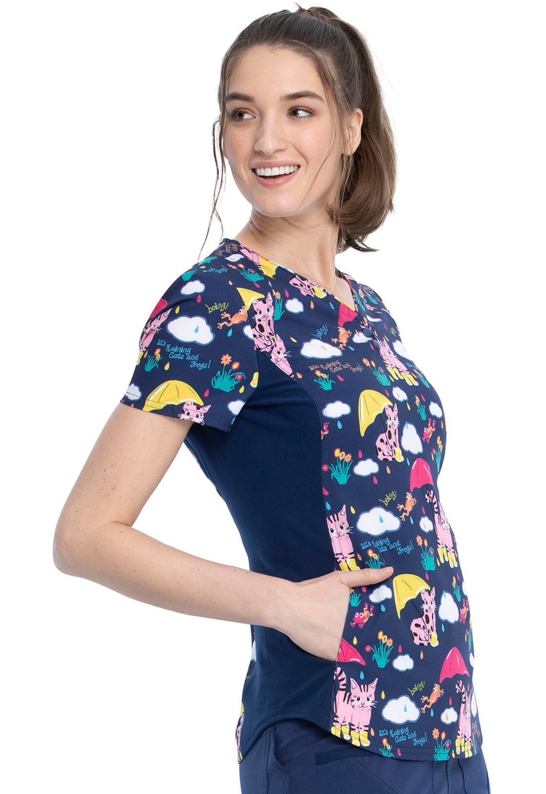 Cat & Frogs Cherokee iFlex Print V Neck Knit Panel Scrub Top CK732 RACF - Scrubs Select