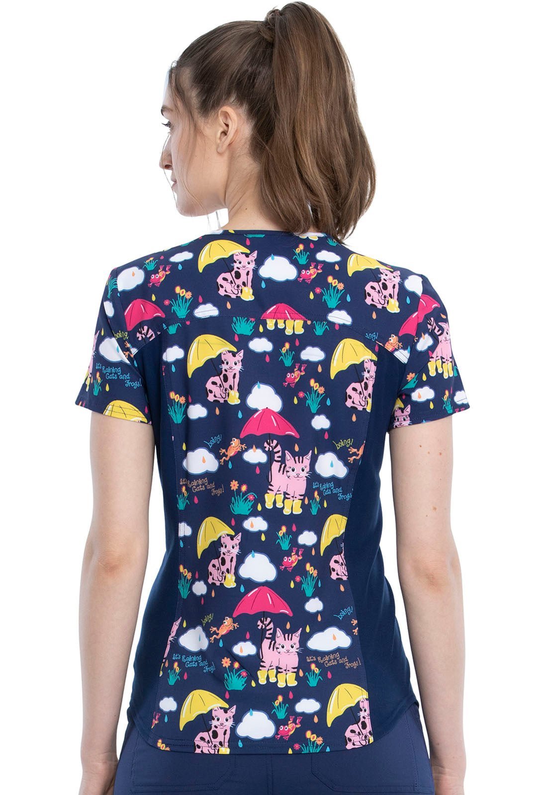 Cat & Frogs Cherokee iFlex Print V Neck Knit Panel Scrub Top CK732 RACF - Scrubs Select