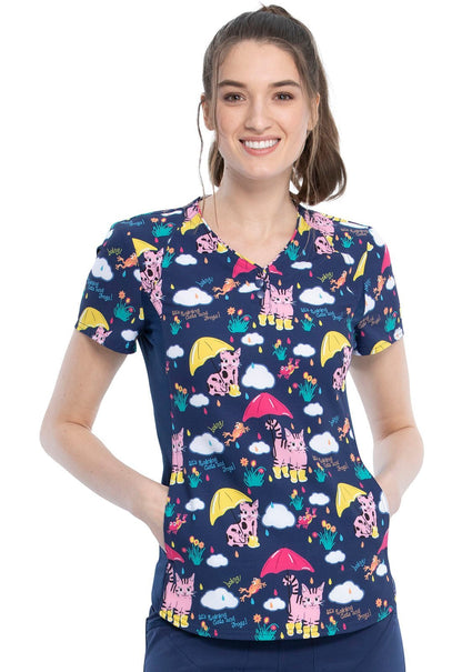 Cat & Frogs Cherokee iFlex Print V Neck Knit Panel Scrub Top CK732 RACF - Scrubs Select