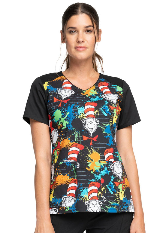 Cat in The Hat Cherokee Tooniforms Licensed Dr Seuss V Neck Medical Scrub Top TF632 SEFF - Scrubs Select