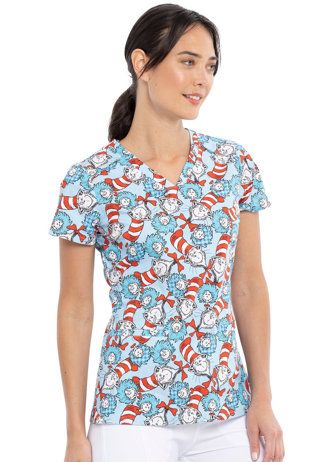 Cat In The Hat Tooniforms Licensed Dr. Seuss V Neck Scrub Top TF666 SEHG - Scrubs Select