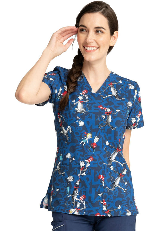 Cat In The Hat Tooniforms Licensed Dr. Seuss V Neck Scrub Top TF738 SEJT - Scrubs Select