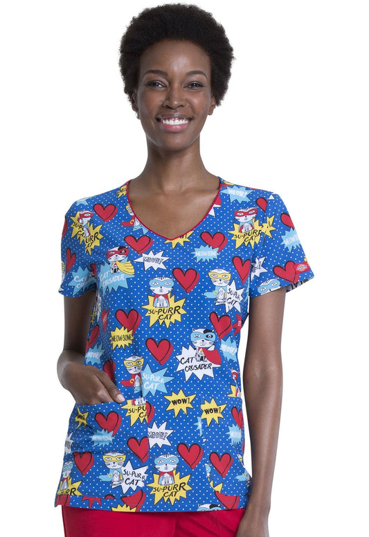 Cat Print Dickies V Neck Scrub Top DK852 SUPC - Scrubs Select