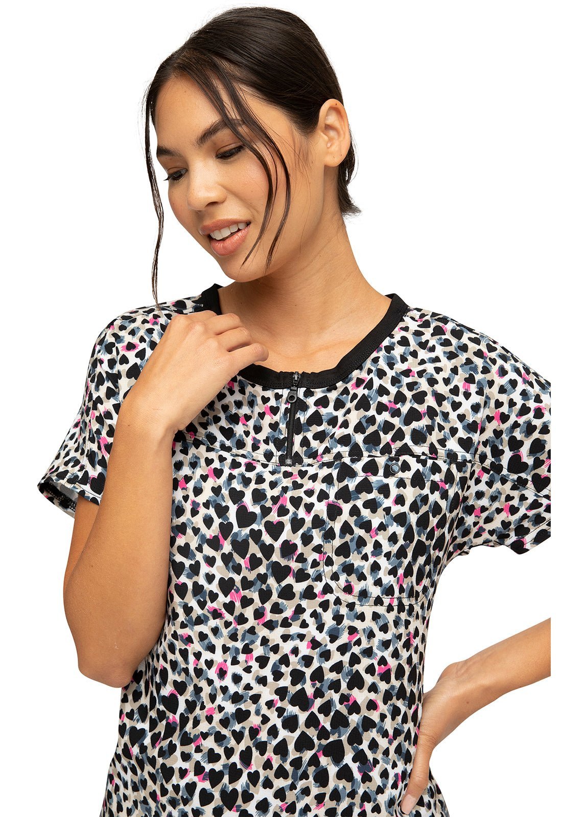 Cheetah Heartsoul Print Round Neck Scrub Top HS800 FWAH - Scrubs Select