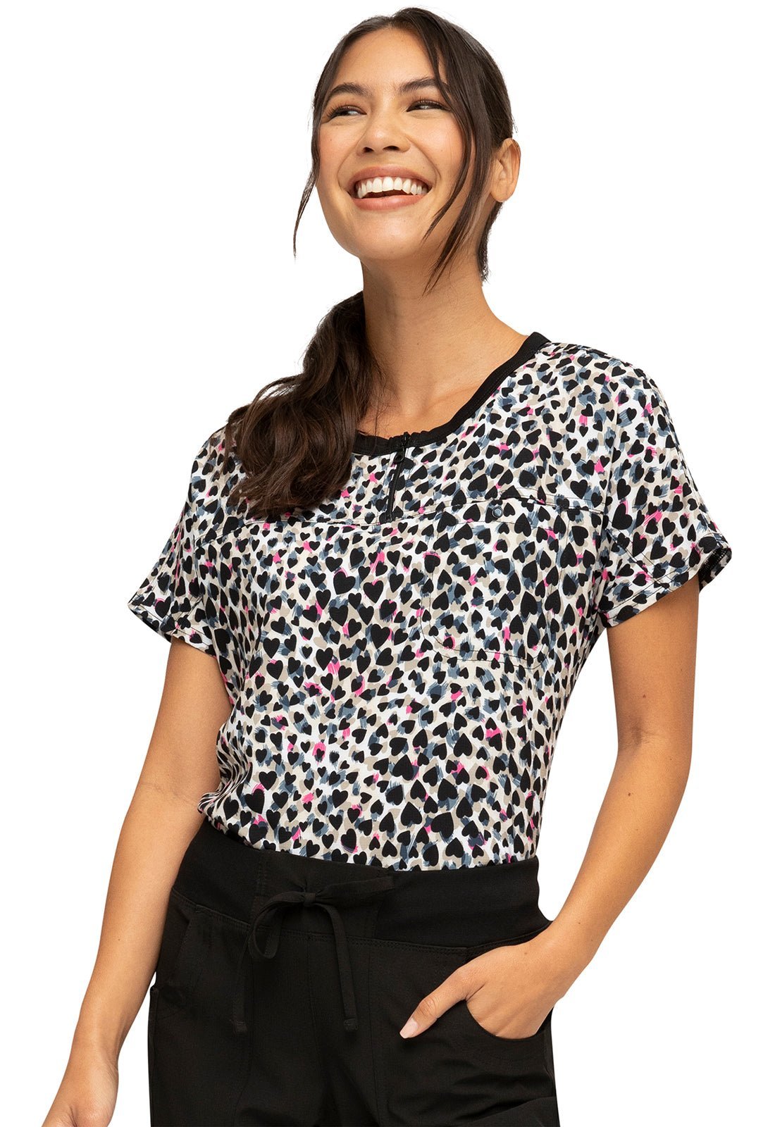 Cheetah Heartsoul Print Round Neck Scrub Top HS800 FWAH - Scrubs Select