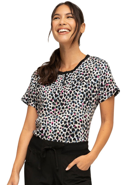 Cheetah Heartsoul Print Round Neck Scrub Top HS800 FWAH - Scrubs Select