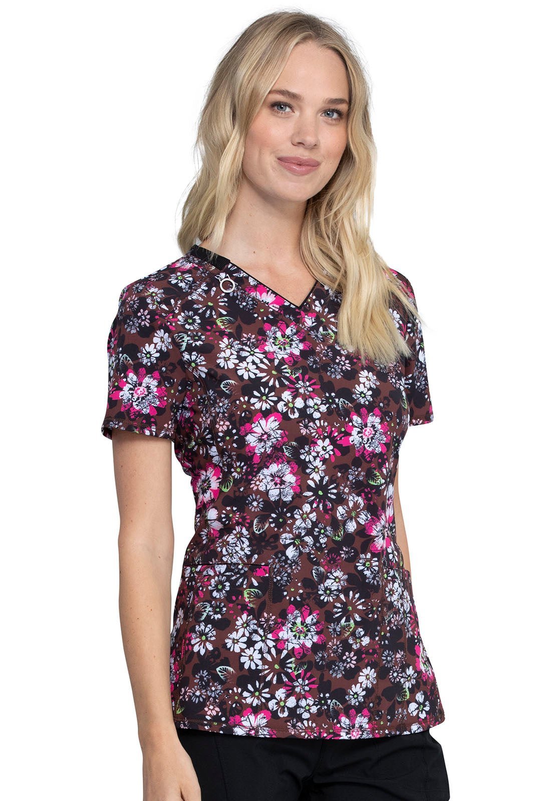 Cherokee Infinity Floral Print V Neck Scrub Top CK634 NTBO - Scrubs Select