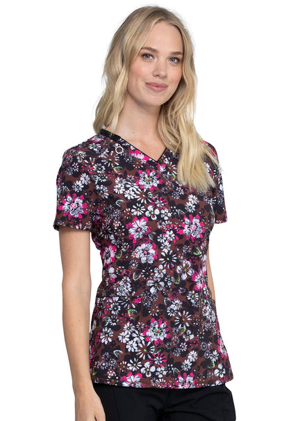 Cherokee Infinity Floral Print V Neck Scrub Top CK634 NTBO - Scrubs Select