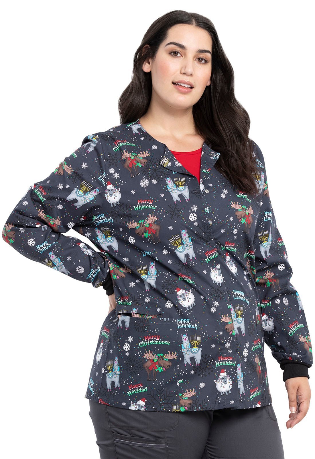 Christmas Cherokee Print Warm Up Scrub Jacket CK301 MRWV - Scrubs Select