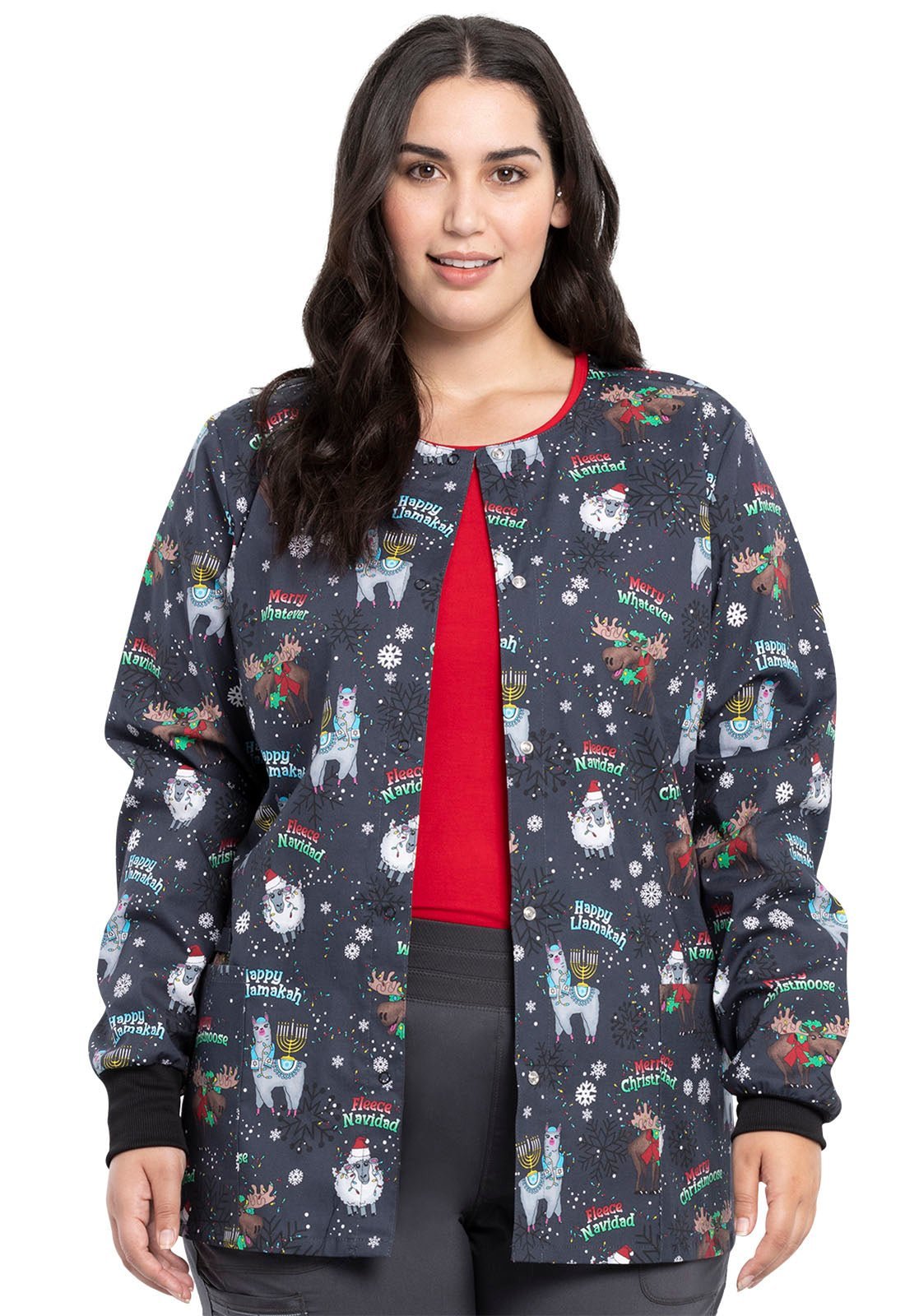 Christmas Cherokee Print Warm Up Scrub Jacket CK301 MRWV - Scrubs Select