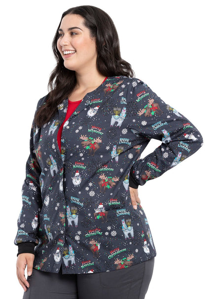 Christmas Cherokee Print Warm Up Scrub Jacket CK301 MRWV - Scrubs Select