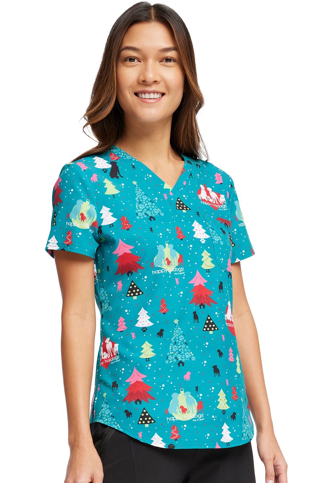 Christmas Dog Is Good Cherokee Print Tuckable V Neck Scrub Top CK664 OGHD - Scrubs Select