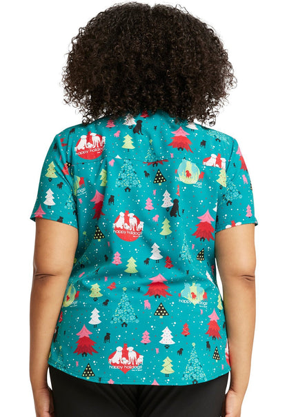 Christmas Dog Is Good Cherokee Print Tuckable V Neck Scrub Top CK664 OGHD - Scrubs Select
