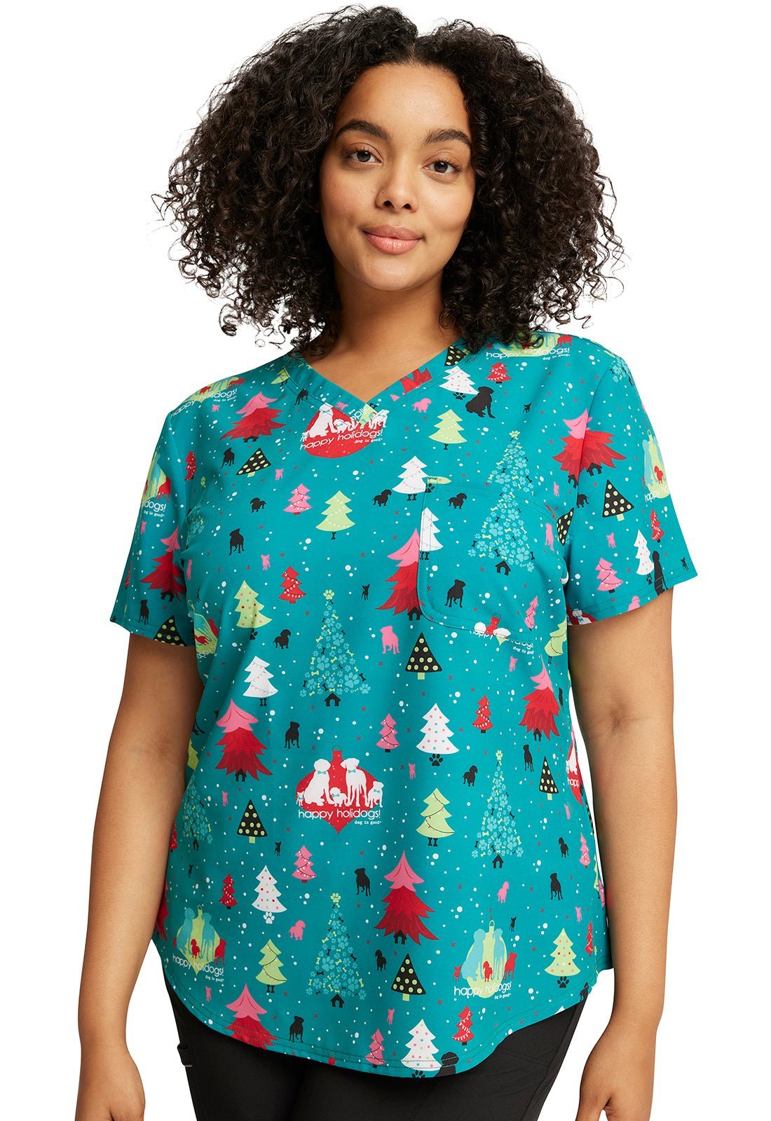 Christmas Dog Is Good Cherokee Print Tuckable V Neck Scrub Top CK664 OGHD - Scrubs Select