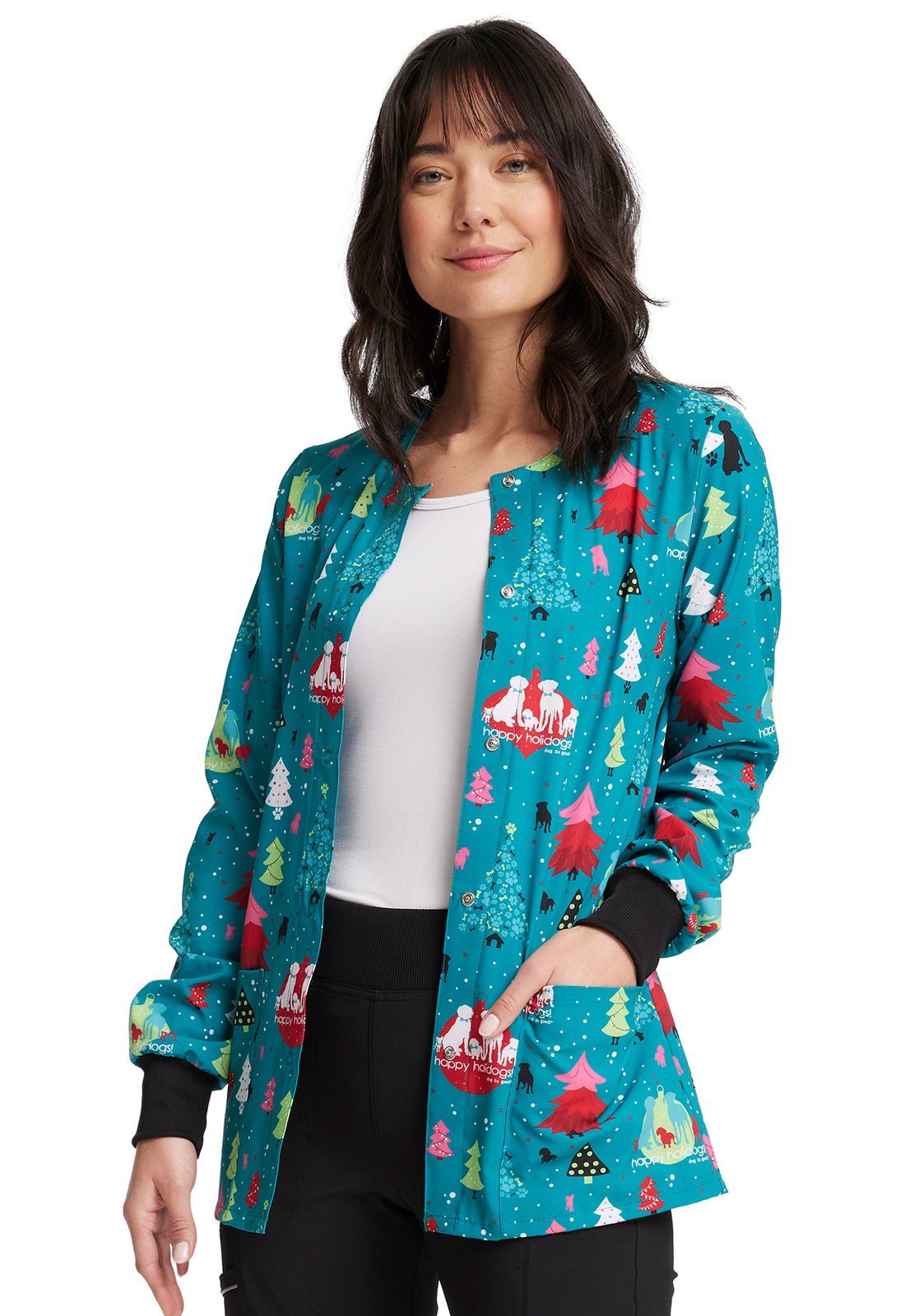 Christmas Dog Is Good Cherokee Print Warm Up Scrub Jacket CK321 OGHD - Scrubs Select