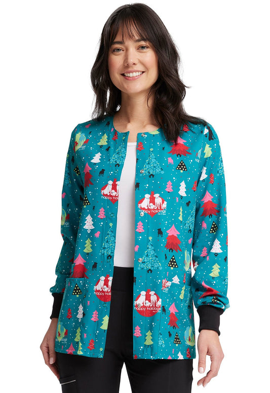 Christmas Dog Is Good Cherokee Print Warm Up Scrub Jacket CK321 OGHD - Scrubs Select