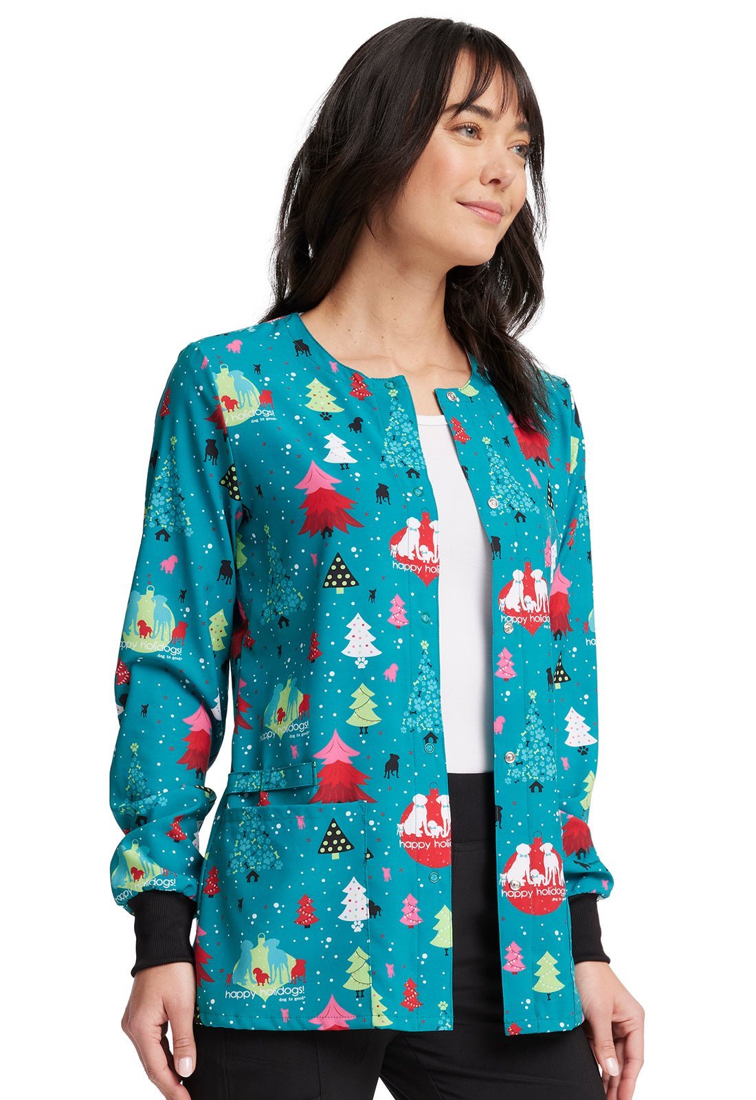 Christmas Dog Is Good Cherokee Print Warm Up Scrub Jacket CK321 OGHD - Scrubs Select