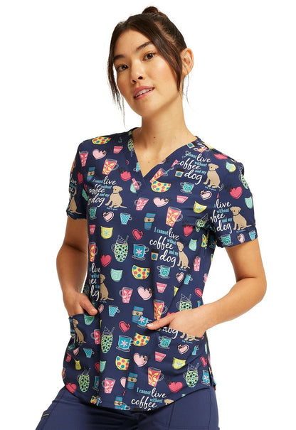 Coffee And My Dog Cherokee Dog Is Good Print V Neck Scrub Top CK662 OGCD - Scrubs Select