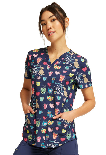 Coffee And My Dog Cherokee Dog Is Good Print V Neck Scrub Top CK662 OGCD - Scrubs Select