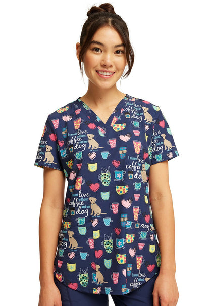 Coffee And My Dog Cherokee Dog Is Good Print V Neck Scrub Top CK662 OGCD - Scrubs Select
