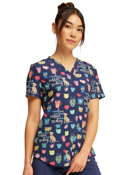 Coffee And My Dog Cherokee Dog Is Good Print V Neck Scrub Top CK662 OGCD - Scrubs Select