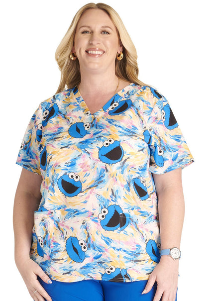 Cookie Monster Cherokee Tooniforms Sesame Street V Neck Scrub Top TF738 SWFG - Scrubs Select