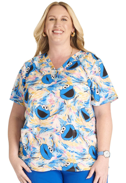 Cookie Monster Cherokee Tooniforms Sesame Street V Neck Scrub Top TF738 SWFG - Scrubs Select