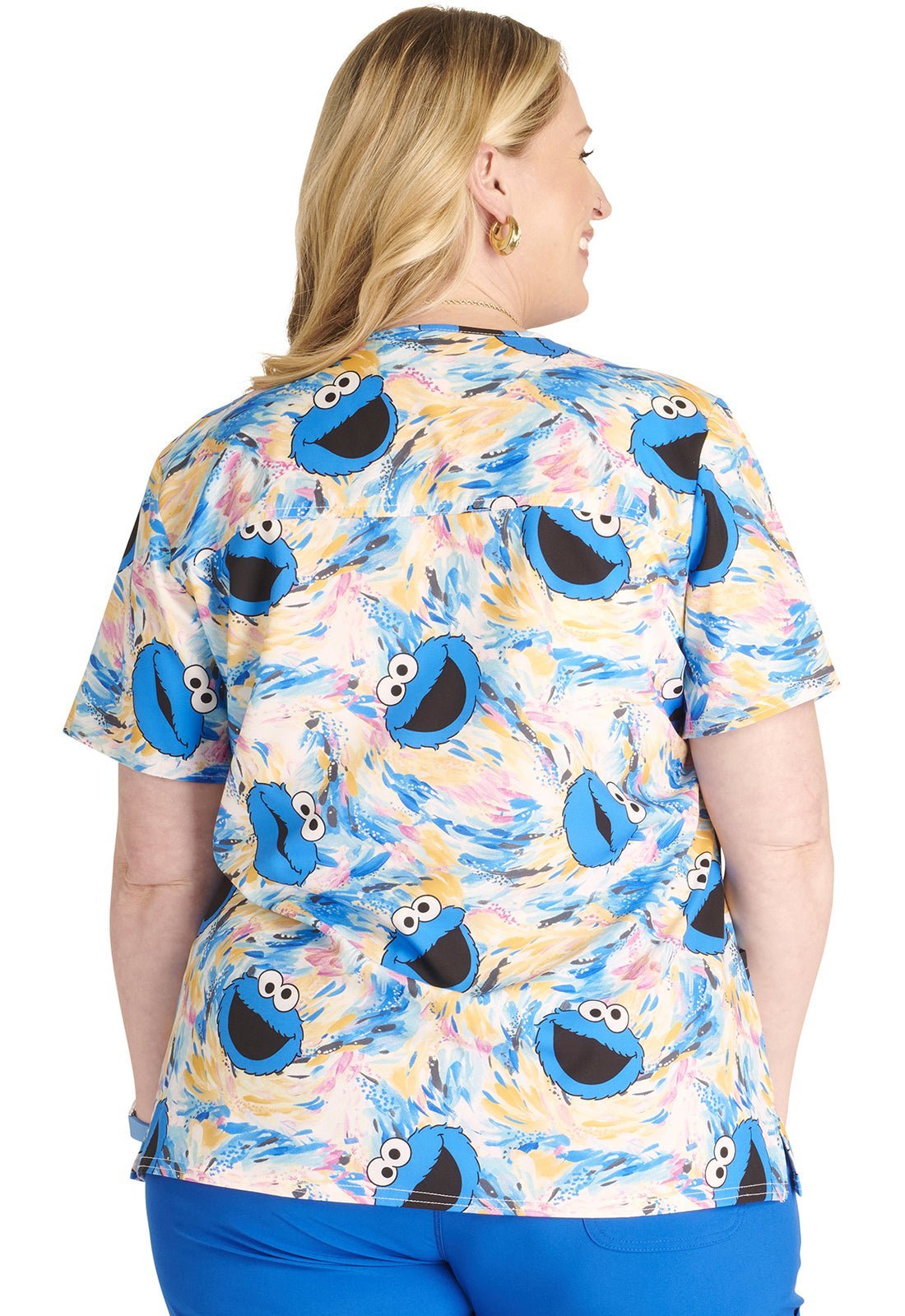 monsters inc scrub top Tooniforms Cookie Monster Finger Paint Women's 2-Pocket Stretch V-Neck Print Scrub Top