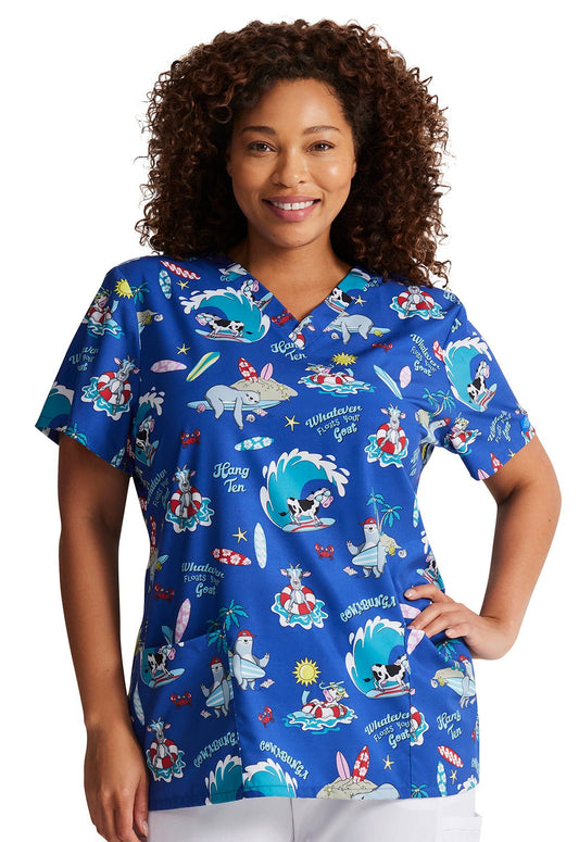 Cowabunga Friends Dickies Animal EDS Print V Neck Scrub Top DK717 CWFR - Scrubs Select