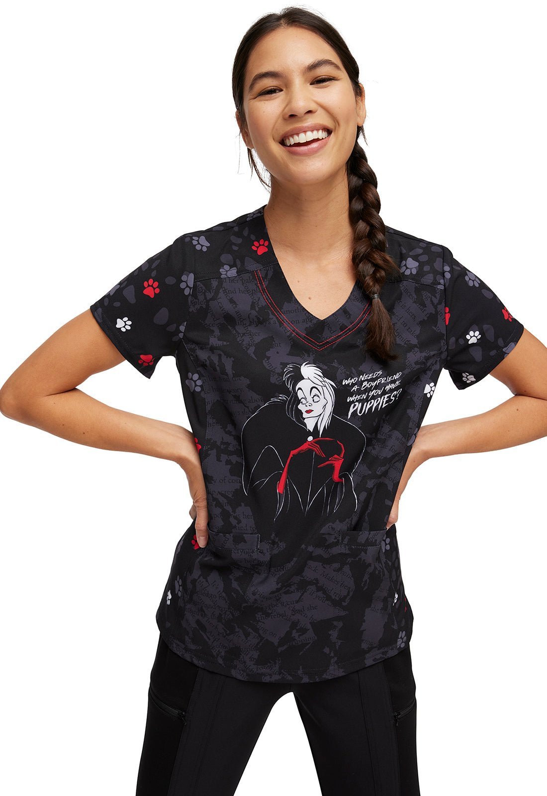 Cruella HeartSoul Print Disney V Neck Scrub Top HS794 VIWN - Scrubs Select