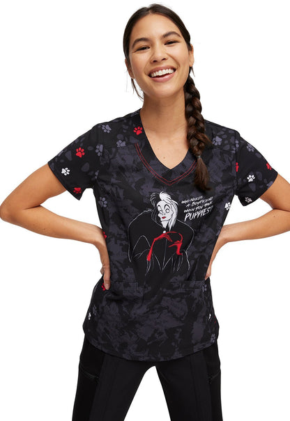 Cruella HeartSoul Print Disney V Neck Scrub Top HS794 VIWN - Scrubs Select