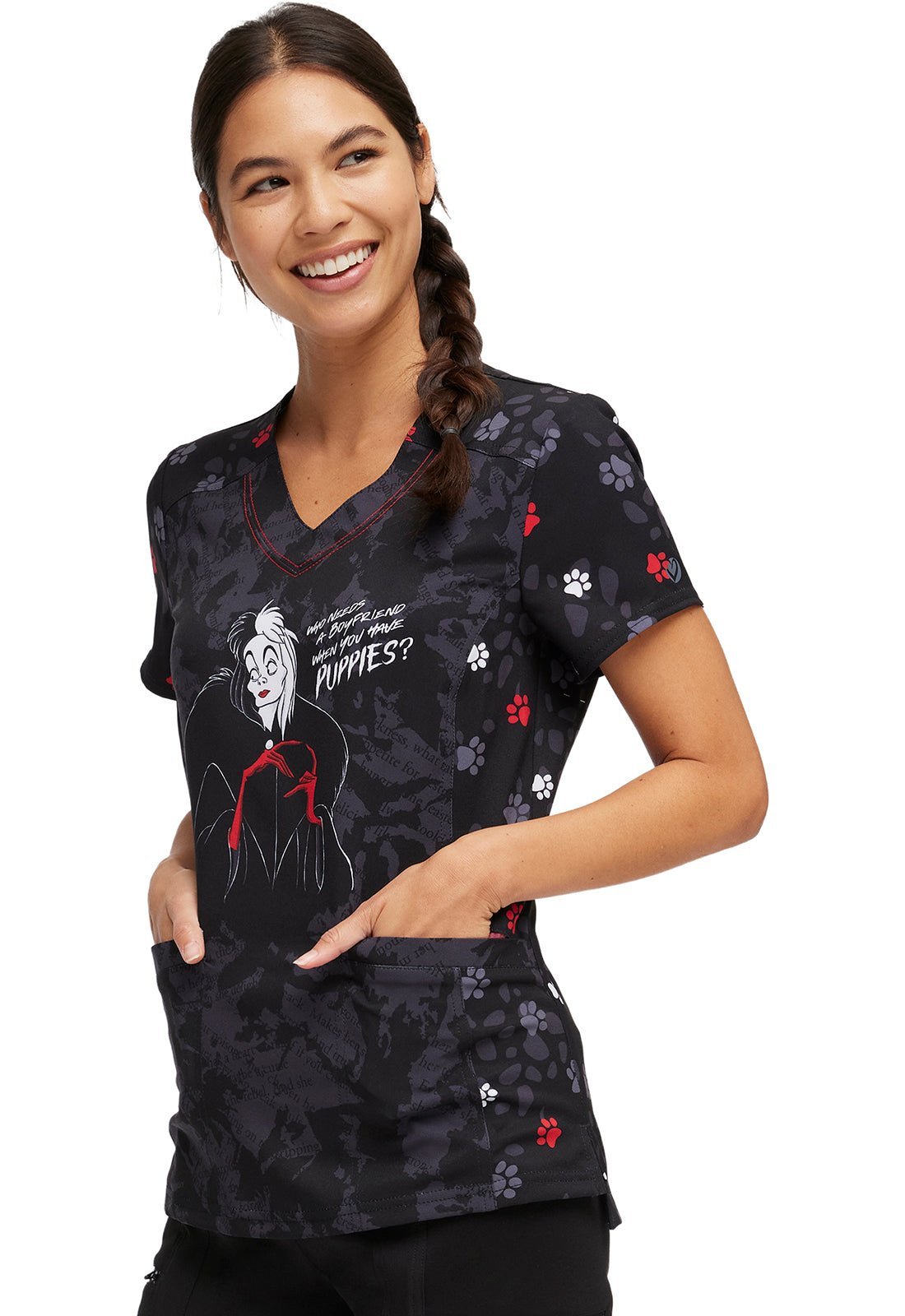 Cruella HeartSoul Print Disney V Neck Scrub Top HS794 VIWN - Scrubs Select