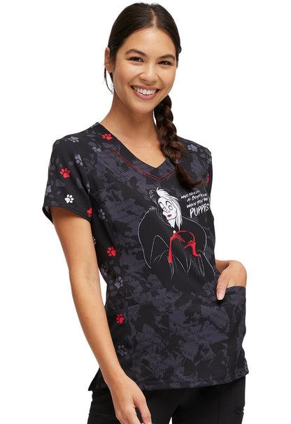 Cruella HeartSoul Print Disney V Neck Scrub Top HS794 VIWN - Scrubs Select