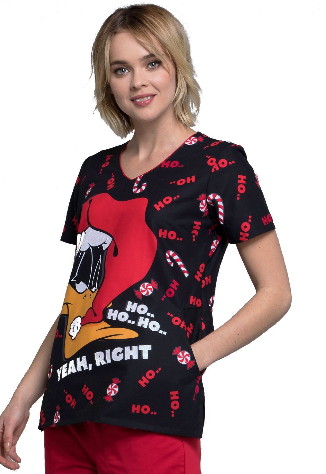 Daffy Duck Tooniforms Licensed Looney Tunes Christmas V Neck Scrub Top TF626 LTAFC - Scrubs Select