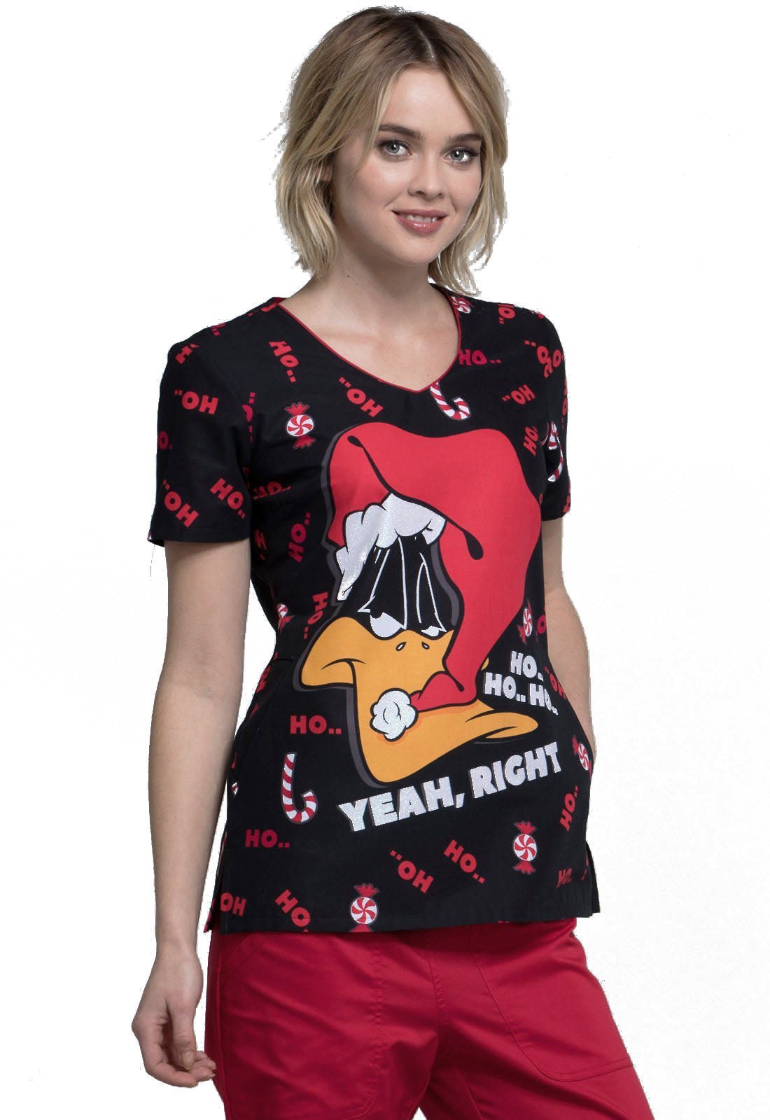 Daffy Duck Tooniforms Licensed Looney Tunes Christmas V Neck Scrub Top TF626 LTAFC - Scrubs Select