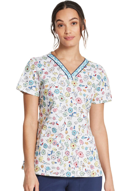 Daisy Dickies Print V Neck Scrub Top DK709 DDAY - Scrubs Select