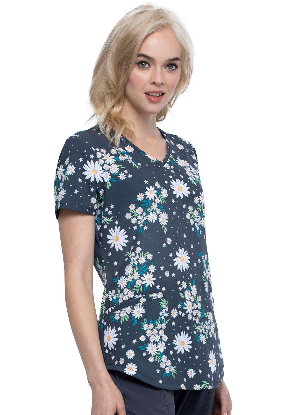 Daisy Print Cherokee V Neck Scrub Top CK637 DYDR - Scrubs Select