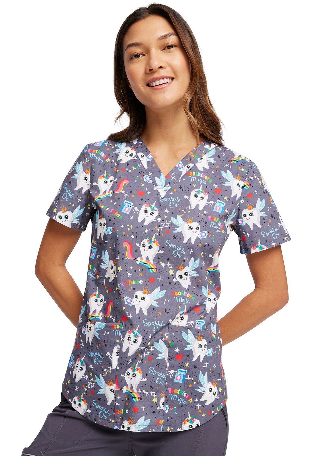 Dental Cherokee Print V Neck Scrub Top CK652 TCMG - Scrubs Select