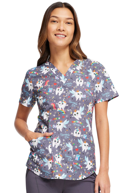 Dental Cherokee Print V Neck Scrub Top CK652 TCMG - Scrubs Select