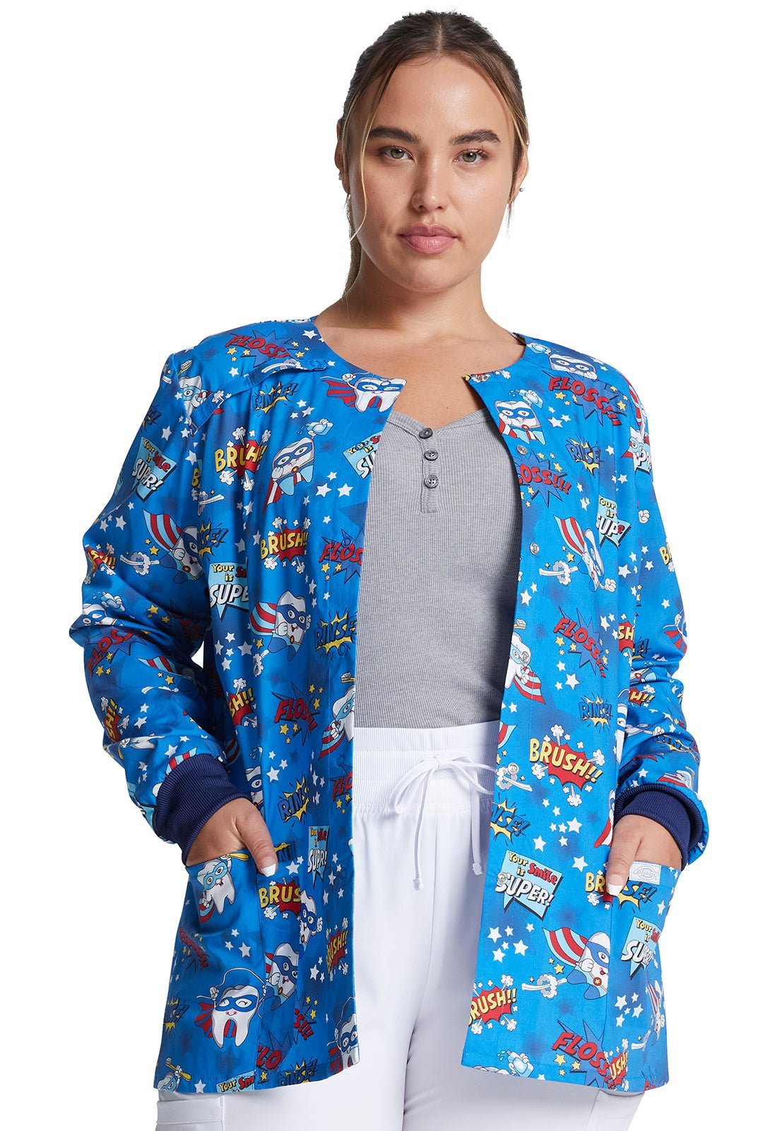 Dental Dickies Print Snap Front Scrub Jacket DK306 SUSM - Scrubs Select