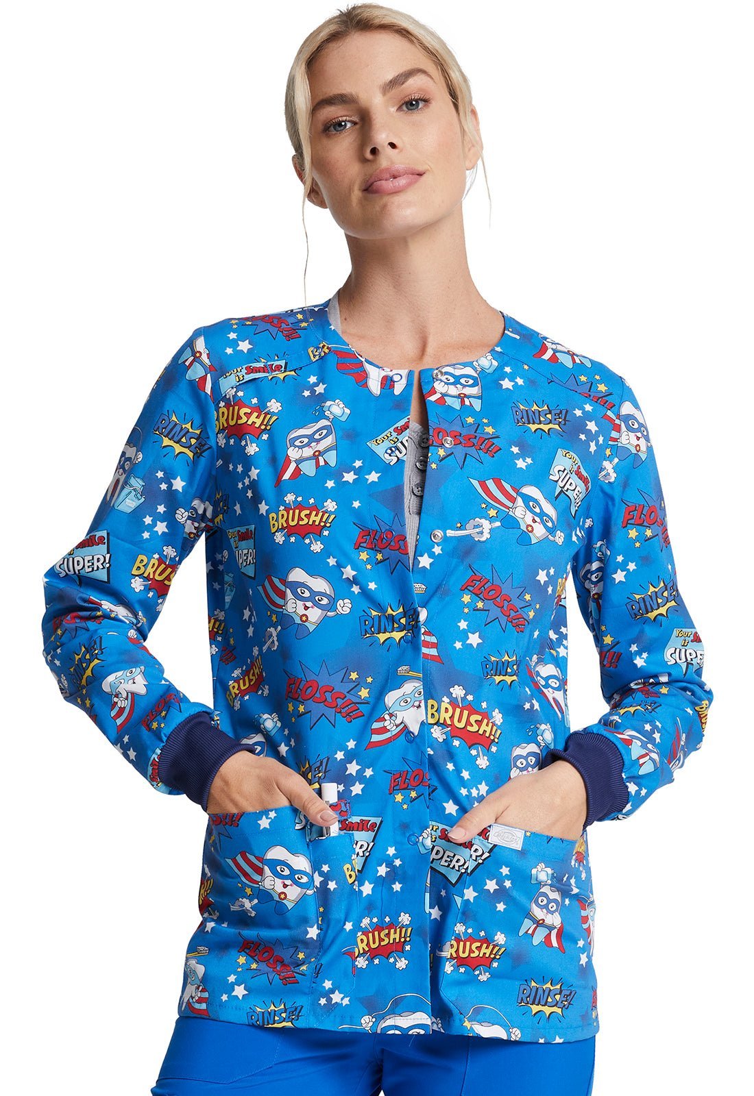 Dental Dickies Print Snap Front Scrub Jacket DK306 SUSM - Scrubs Select