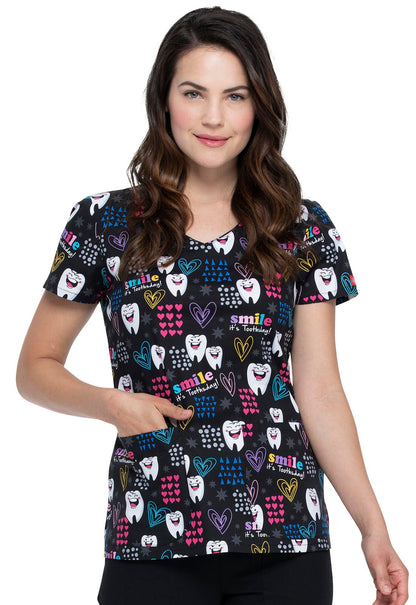 Dental Print Cherokee Dental V Neck Scrub Top DK700 SITD - Scrubs Select