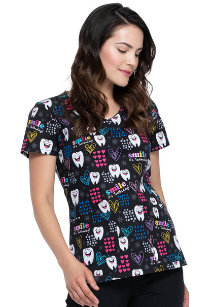 Dental Print Cherokee Dental V Neck Scrub Top DK700 SITD - Scrubs Select