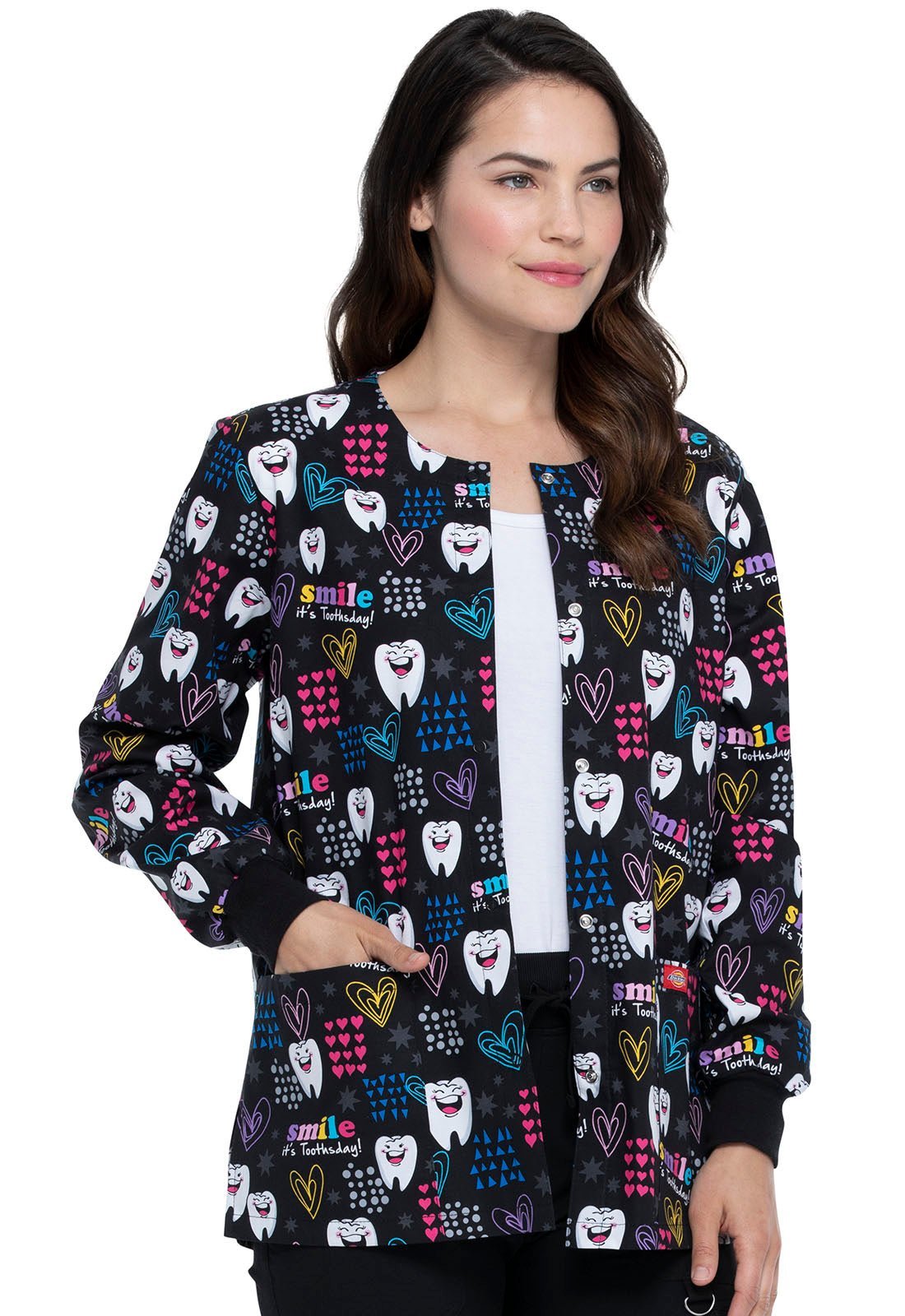 Dental Print Dickies Snap Front Scrub Jacket DK301 SITD - Scrubs Select