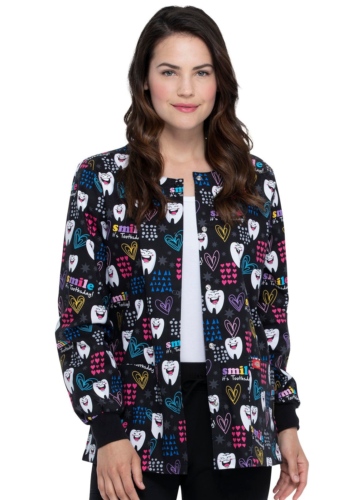 Dental Print Dickies Snap Front Scrub Jacket DK301 SITD - Scrubs Select